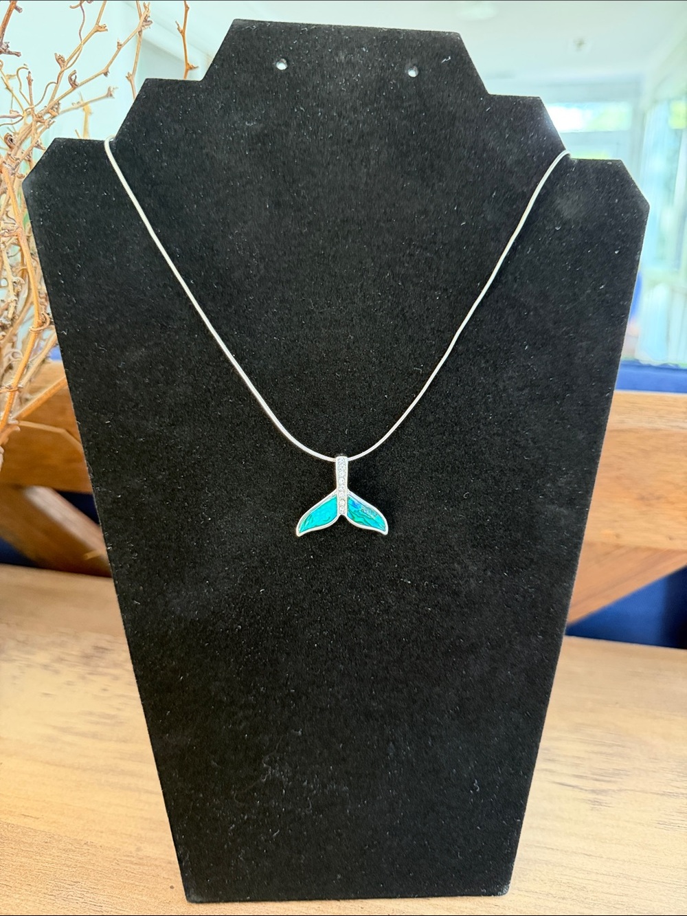 Silver Tone Necklace with Abalone Whale Tail Pendant